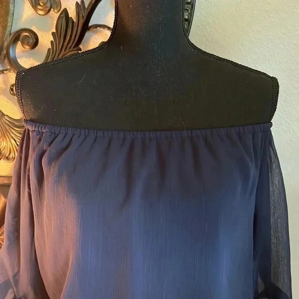 CeCe Women’s Navy Blue Off the Shoulder Bubble 3/4 Sleeve Tie at Waist Blouse M - Picture 4 of 16